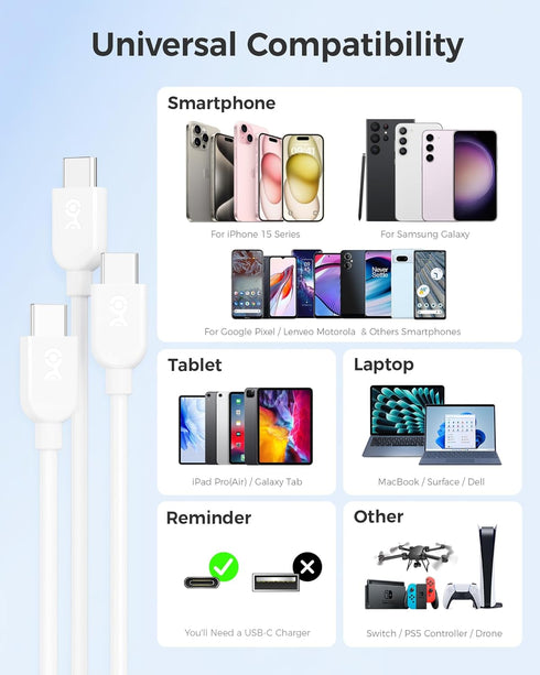 Cable Matters 3-Pack Extreme Flexible Long USB C Charging Cable 10ft, Support 60W PD for iPhone 15, Galaxy S23