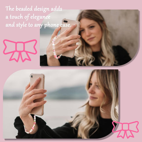 Aesthetic Phone Charms Strap, Kawaii Cute Strawberry Phone Case Charms with Bowknot Heart (Pink)