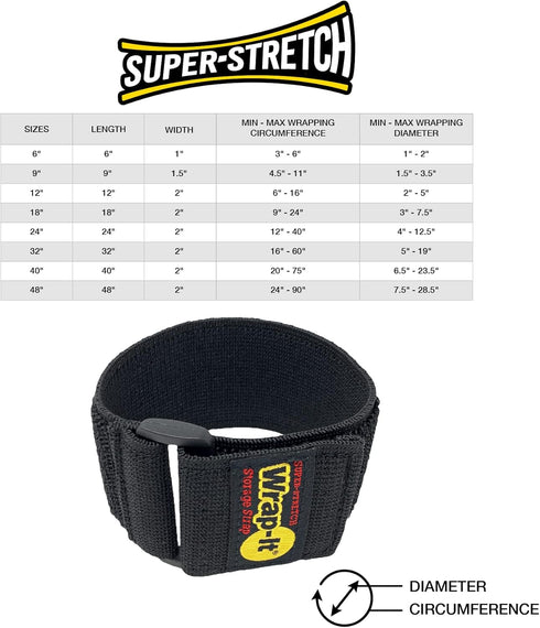 Super-Stretch Wrap-It Storage Straps 12 Pack, Elastic Cinch Straps for Cord, Hose, Rope, Cable Organization