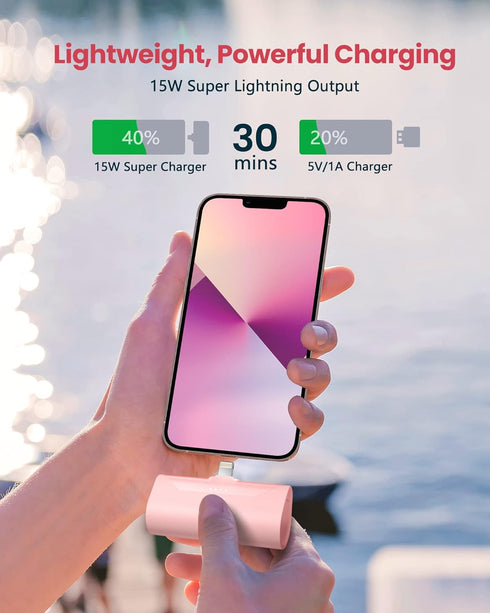 Pink Small Portable Battery Charger, 4800mAh Ultra-Compact Power Bank with 15W Fast Charging for iPhone 14
