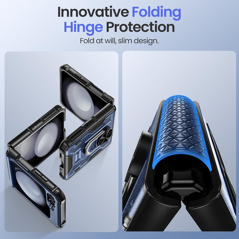 VEGO Galaxy Z Flip 5 Case - Full Body Protection, Screen Protector, Hinge Guard & 360° Ring Kickstand - Navy Blue 2023