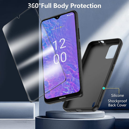 for Nokia C210 Case with Tempered Glass Screen Protector, Slim Full-Body Silicone Bumpers Anti-Scratch Shockproof