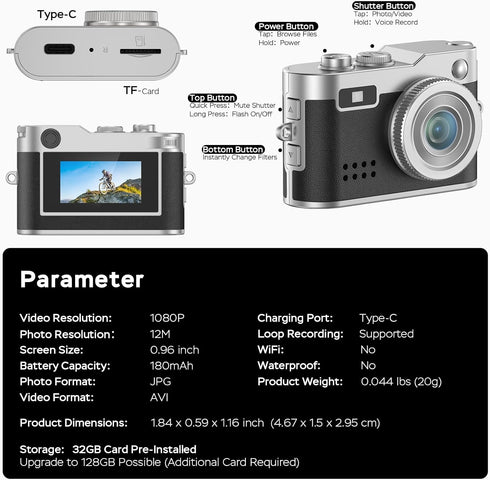 Dienspeak 1080P 32GB 0.96" Mini Digital Camera, HD Tiny Retro Keychain Camera with Card, Screen & OTG Adapter, Vintage