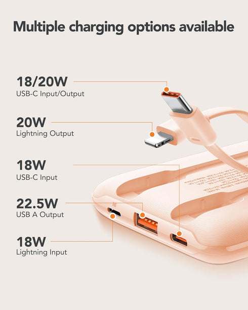Mini Portable Charger 10000mAh with Built-in Cables, 22.5W Fast Charging Power Bank USB-C, Slim Battery Pack for