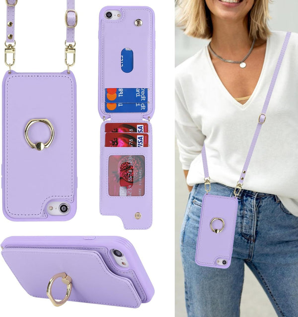 iPhone 7/8/SE 2020/SE 2022 Case with Card Holder and Strap for Women, Crossbody Lanyard, Kickstand, Phone Wallet Cases