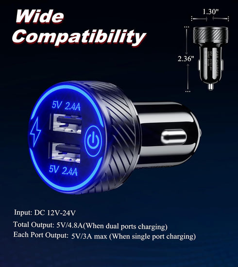 ?2Pack? USB Car Charger Adapter, Dual USB Port 5V/4.8A Charge Car Phone Charger with Blue LED & Touch Switch for iPhone