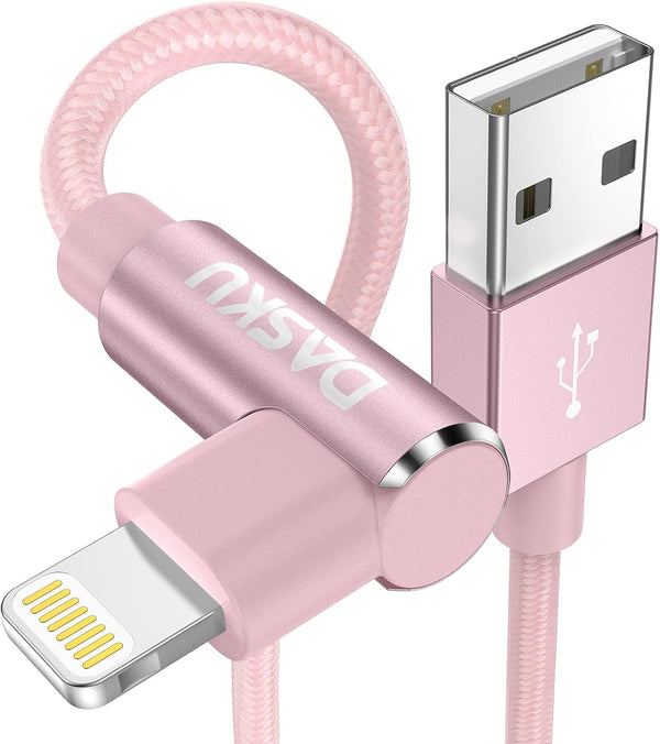 90 Degree Right Angle iPhone Charger 10Ft - 2 Pack MFi Certified Lightning Cable for iPhone 14, 13, 12, 11, iPad (Pink)