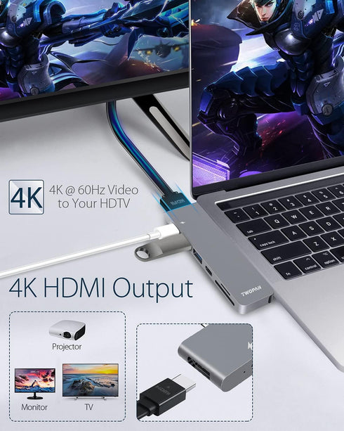 USB C Hub for MacBook Pro, 7 in 2 Multiport Adapter with 4K HDMI, Thunderbolt PD, USB 3.0, SD/TF Reader