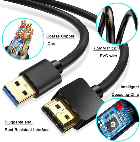 USB to HDMI Adapter Cable 6.6FT, Male to Male Full 1080P HD Display Cable for PC/Laptop to Monitor/HDTV/Projector