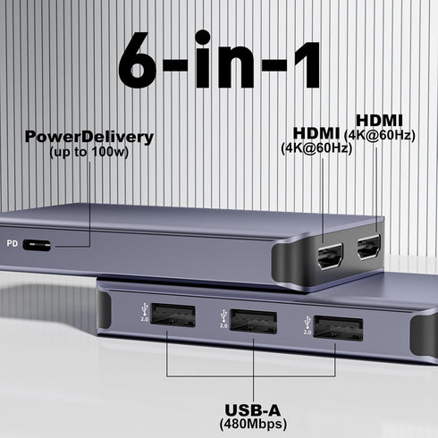 THANDBLE 6 1 3*USB-A 100W USB C to Dual HDMI Adapter, in Docking Station Dual Monitor, Data Ports, PD, HDMI Splitter