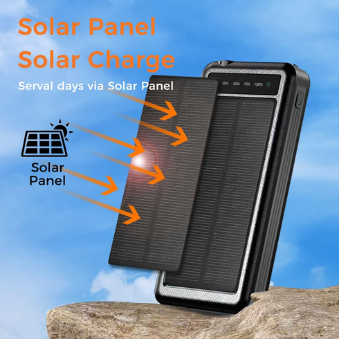 Outdoor Solar Portable Power Bank with Wireless Charging, 10000mAh Battery, IP65 Waterproof