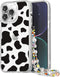 Cute Aesthetic iPhone 14 Pro Case - Glitter Clear Milk Cow Print Cover with Camera Protector & Wrist Strap for Women,