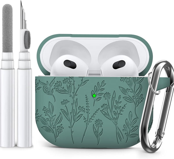 Flower Engraved Airpod Case for 3rd Generation with Cleaner Kit, Keychain, Silicone Cover for Women, Pine Green