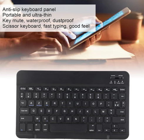 French European AZERTY Bluetooth Keyboard, 10inch Slim Portable Tablet Keyboard with Brushed Metal Texture for Phone