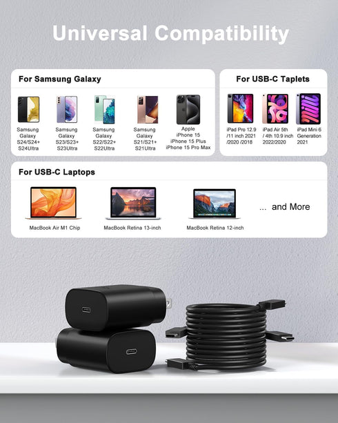 Type C Fast Charging Charger Block 25W, 2 Pack with 6Ft USB C Cable for Samsung Galaxy S24 Ultra/S23/S22/S21/S20/iPhone