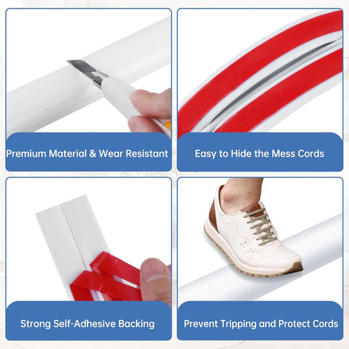 Floor Cord Cover Self Adhesive Hider for Power Cord Management, 20Ft (White)