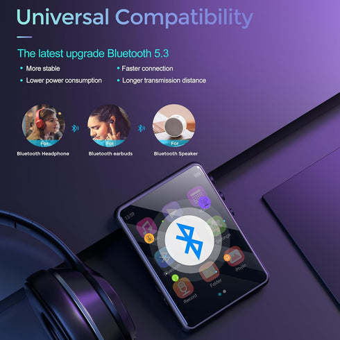 MP3 Player with Bluetooth 5.3, Portable HiFi Lossless Sound Music Player, 64GB Built-in Memory, Supports up to 128GB TF