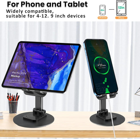 2PCS Cell Phone Stand, Adjustable Phone Holder 360° Rotation Fully Foldable Desktop Dock Compatible with iPhone 15 14 13 Pro Max Android Smartphone E-Reader Tablets(Black&Black)