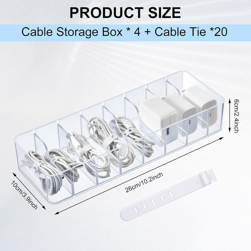 Tatuo 4 Pcs Plastic Cord Storage Organizer Box, Electronics Cable Charger Organizer with Removable Dividers (Clear)