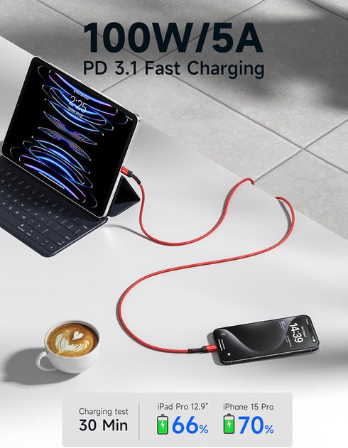 JSAUX 100W USB C to USB C Cable 10FT+10FT 2-Pack 5A USB Type-C Fast Charging Cord Compatible with iPhone 15/15 Plus/15 Pro Max MacBook Pro/Air iPad Pro Mini 6 Samsung S23 S22 Z-flip Pixel Switch Red