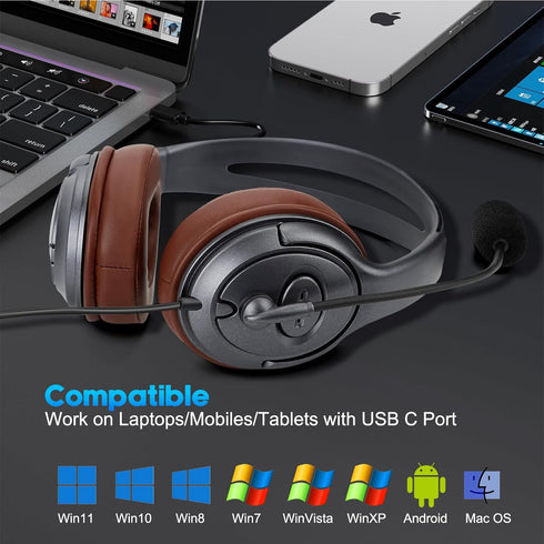 USB-C Over-Ear Noise-Canceling Headphones with Microphone & Volume Control, Long Cord for Laptops and Mobiles