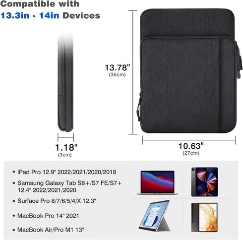 13.3 Inch Tablet Sleeve Shoulder Bag for iPad Pro 12.9" M2, Galaxy Tab S9+/S8+/S7 FE/S7+, Surface Pro X/9/8/7/6/5/4/3