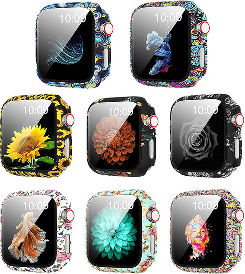 8 Pack Case for Apple Watch SE Series 6 5 4 3 2, Hard PC Flowers Case with Tempered Glass Protectors