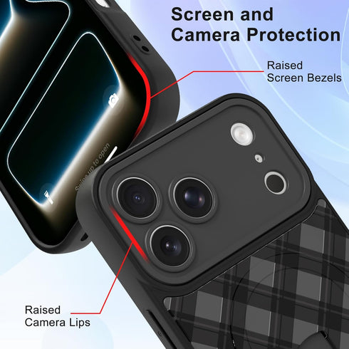 MOWIME 17 Magnetic for iPhone Pro Max Case with Finger Strap Kickstand, Compatible with Magsafe, Cute Checkered