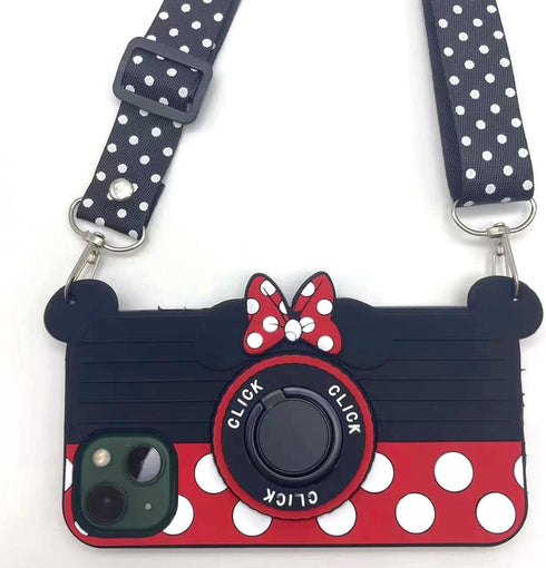 Cute for iPhone 14 Case, 3D Cartoon Camera Rotating Ring Grip Holder Kickstand Lanyard for iPhone 13, 14 - Red