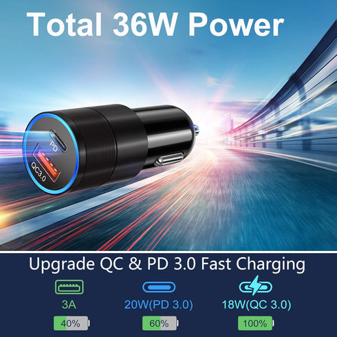 USB C Car Charger,Bangfun 36W Dual Port 12V Car Charger USB C Cigarette Lighter Adapter Fast Charging Car Phone Charger Plug for iPhone 15 14 13 12 11 Pro Max, Galaxy S24 S23 S22 S21(Black, A+C)
