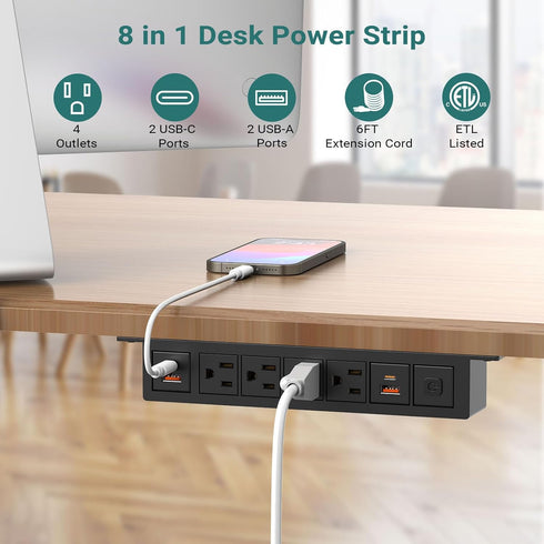 Under Desk Power Strip with PD 20W USB C, QBA 8-in-1 Desk Outlet Station, 4 AC Outlets, 6FT Cable (Black)
