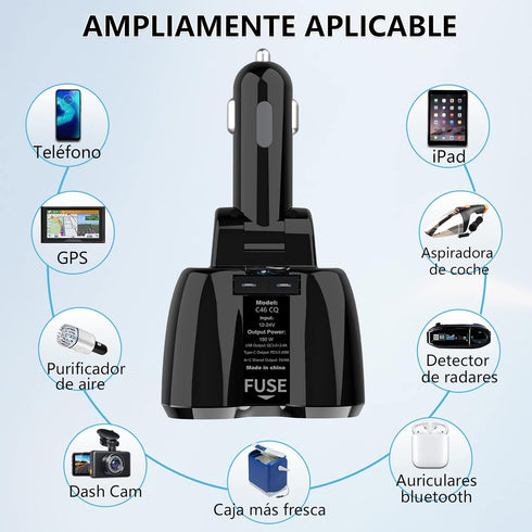 Cigarette Lighter Splitter 2 Socket, Qidoe 150W Cigarette Lighter Adapter 20W USB C Car Charger and 18W QC3.0 Multi