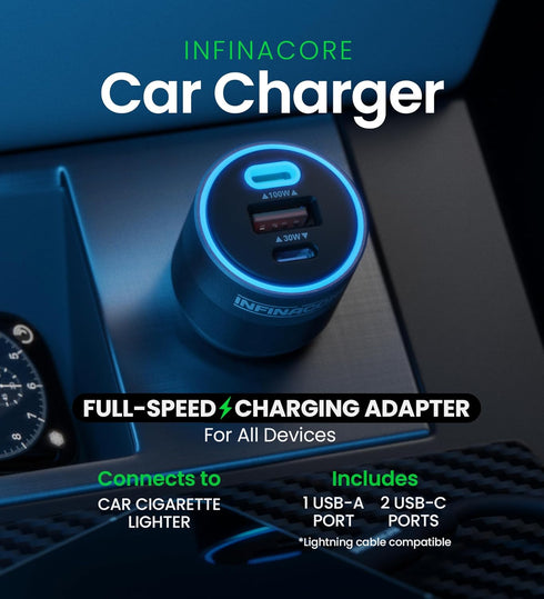 InfinaCore 130W USB Car Charger, Multi-Port USB-C & USB-A Car Lighter Adapter for Fast Charging Phone, Tablet, Laptop,