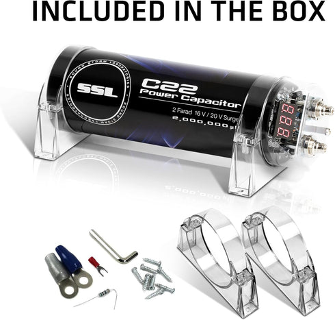 Sound Storm Laboratories C22 Car Audio Capacitor, 2 Farad, Enhance Bass for Amplifier and Subwoofer