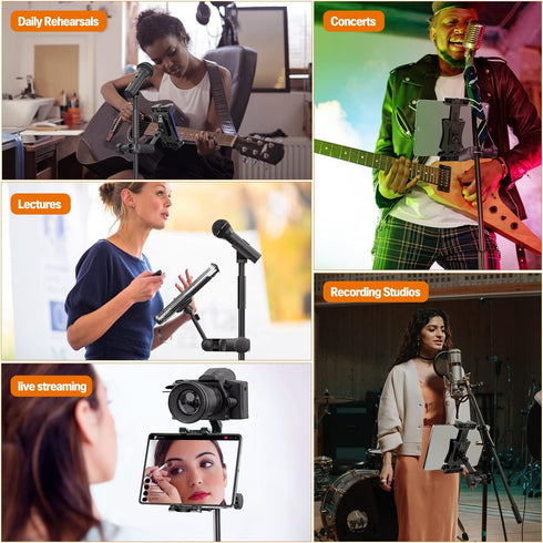 Tablet Holder for Microphone Stand, Mic Music Stand Tablet Holder for iPad, Smartphone, Fits Devices from 4.7 to 12.9