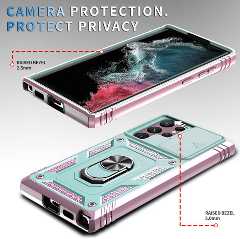 Galaxy S22 Ultra Case, Pink Green Shockproof Impact Resistant with Slide Lens Protective Cover