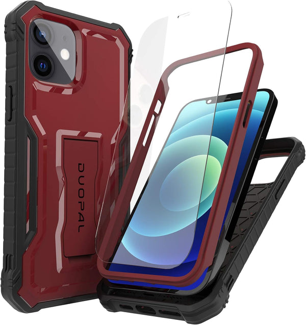 DUOPAL iPhone 12 Case, Military Grade Protection Shockproof with Tempered Glass HD Screen Protector, Red