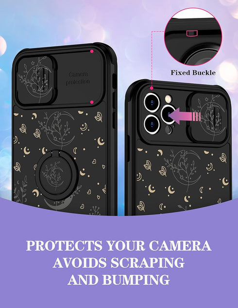 Goocrux iPhone 12 Pro Case, Moon Plants Cute Phone Cover with Slide Camera Cover + Ring Holder, 6.1'', Black
