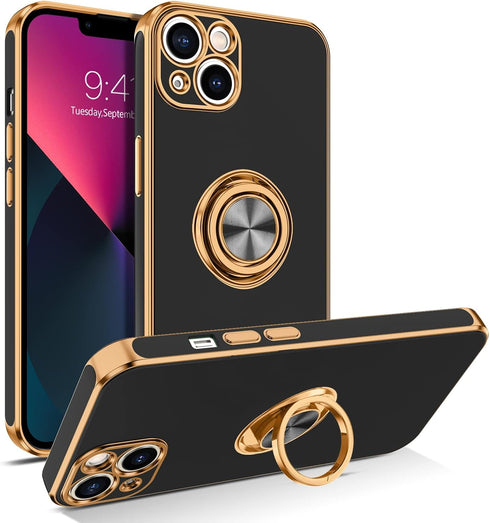 BENTOBEN iPhone 13 Case, Slim Fit 360° Ring Holder, Shockproof Kickstand, Magnetic Car Mount, Non-Slip, Black Cover.