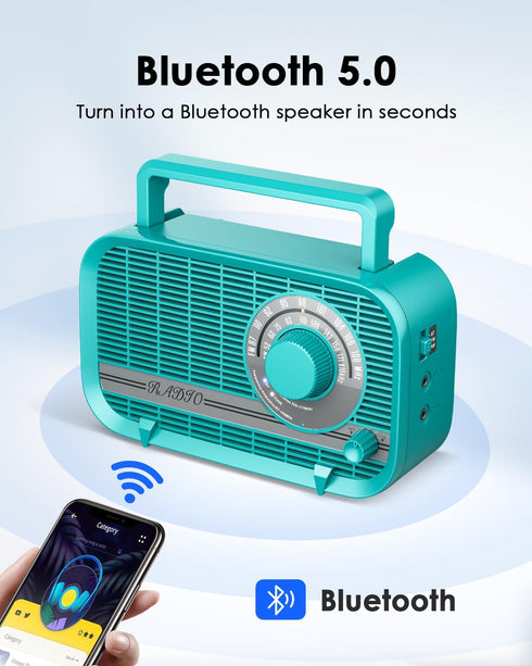 Radio with Bluetooth, Portable AM FM Radio, Best Reception Vintage Retro Radio, Plug in Wall and Play or AA Battery