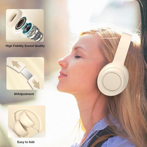 White Wireless Headphones Bluetooth, Foldable Over Ear Headphones, Hi Fi Stereo Headphones Built in Mic for Home/Office