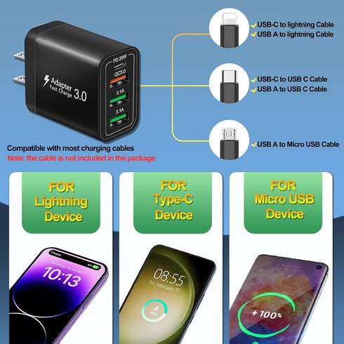 40W QC3.0 USB C Wall Charger, CARZONJX 4 Port PD+QC Power Adapter Fast Charging Blocks for iPhone, iPad, Galaxy & More.