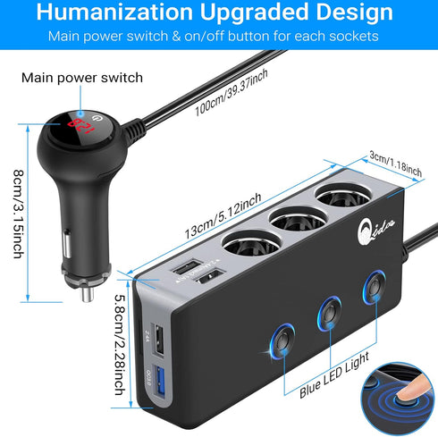 Quick Charge 3.0 Cigarette Lighter Splitter, Qidoe 3 Socket 180W Adapter with 4 USB Fast Charging
