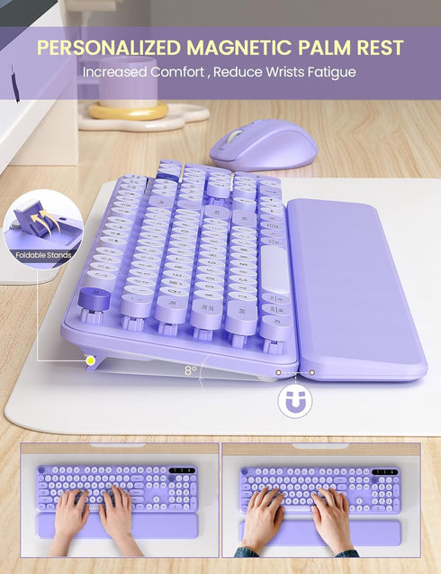 Wireless Keyboard and Mouse Combo, Cute Typewriter Keyboard with Detachable Wrist Rest, Retro Round Keycaps, 2.4GHz for