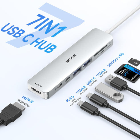 USB C Hub HDMI Adapter for MacBook Pro/Air, MOKiN 7 in 1 USB C Dongle with HDMI, SD/TF Card Reader, USB C Data Port,100W PD, and 2 USB 3.0 Compatible for MacBook Pro/Air, Dell XPS, Lenovo Thinkpad.