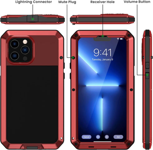 Lanhiem Metal Case for iPhone 13 Pro Max, Heavy Duty Shockproof Tough Rugged Case with Glass Screen Protector