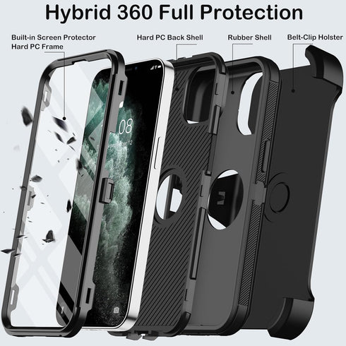 Heavy Duty Case for iPhone 11 Pro Max, with Belt Clip Holster, Built-in Screen Protector, Military Grade Black