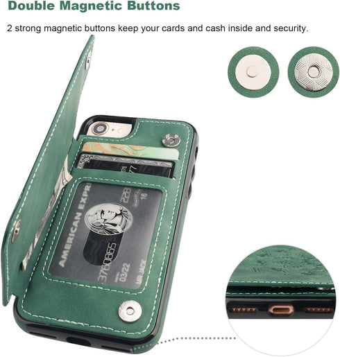 Vaburs Wallet Case for iPhone SE(2022)/SE(2020)/8/7, Embossed Mandala Pattern Flower, Green