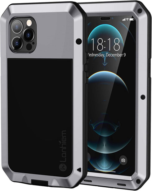 Lanhiem Metal Case for iPhone 12 Pro Max, Heavy Duty Shockproof Rugged Case with Built-in Glass Screen Protector