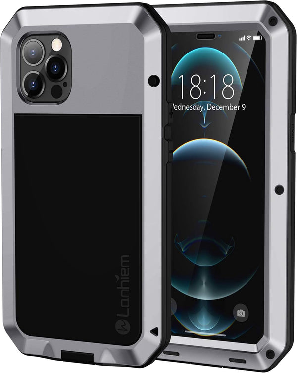 Lanhiem Metal Case for iPhone 12 Pro Max, Heavy Duty Shockproof Rugged Case with Built-in Glass Screen Protector